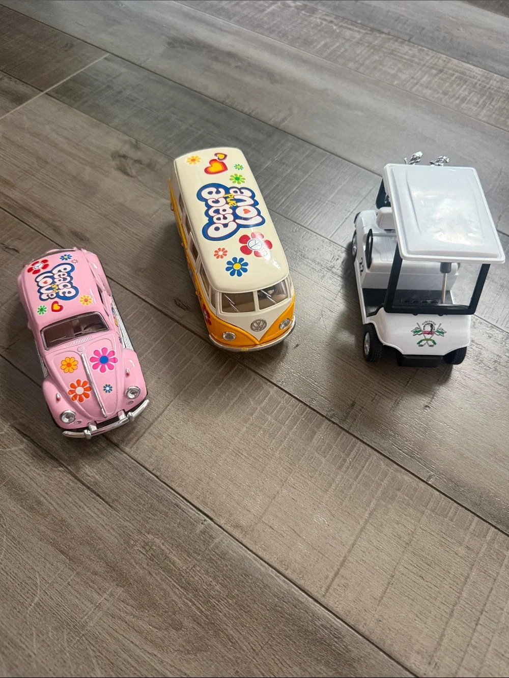 Die-Cast Retro Toy Car Set - Pink Beetle, Yellow Camper, White Golf Cart